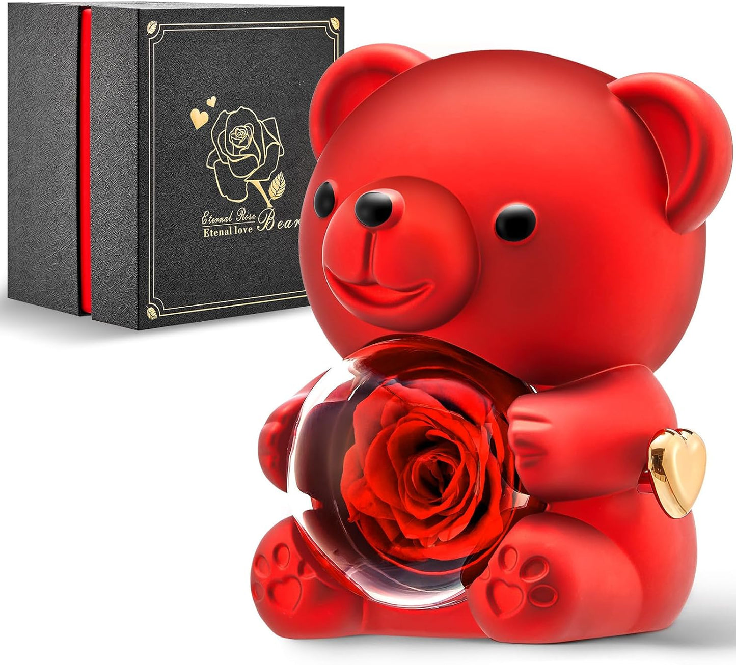 Mikasol Romantic Teddy Red Bear with Preserved Rose - Real Rose in Elegant Black Gift Box for Anniversaries, Weddings, Bridal Showers, and Mother's Day