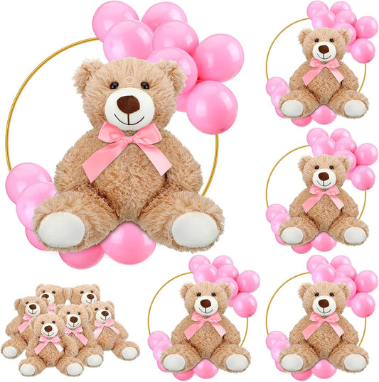 6 Sets Bear Baby Shower Table Centerpieces Bear Stuffed Animals 12 Inch Metal Floral Hoop with Stand Balloon for Wedding Baby Shower Birthday Flowers Table Decorations(Pink)
