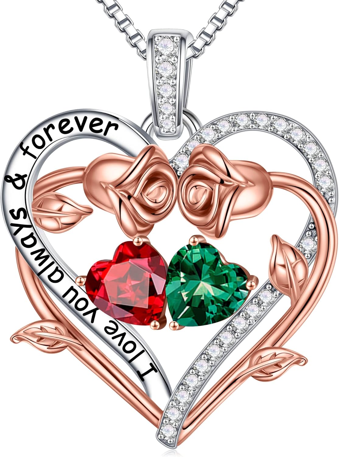 Iefil Rose Heart Double Birthstone Necklace Gifts for Wife Her Mom Women, Birthstone Jewelry Gemstone Birthday Gifts for Girlfriend Grandma Her Wife Women