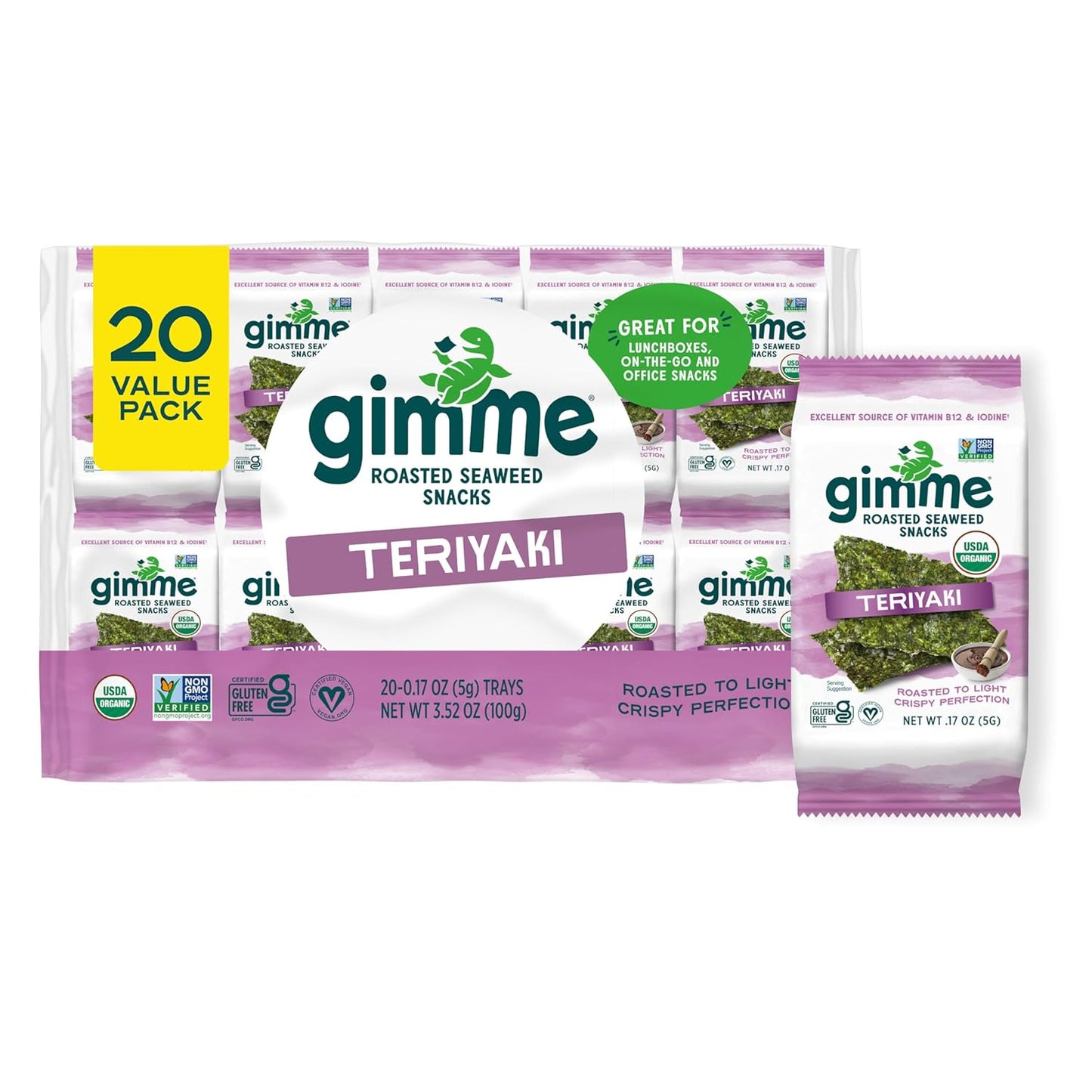 Gimme Seaweed Organic Premium Roasted Seaweed Snacks, Teriyaki, 20 Count, Keto, Vegan, Gluten-Free, Great Source of Omega3s and Iodine, Healthy On-The-Go Snack for Kids and Adults