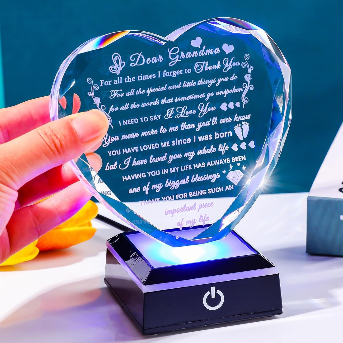 Grandma Birthday Gifts with Colorful LED Base Meaningful Crystal Heart Gifts for Grandma from Grandkids Great Gift Ideas for Grandmother on Mothers Day Valentine Thanksgiving