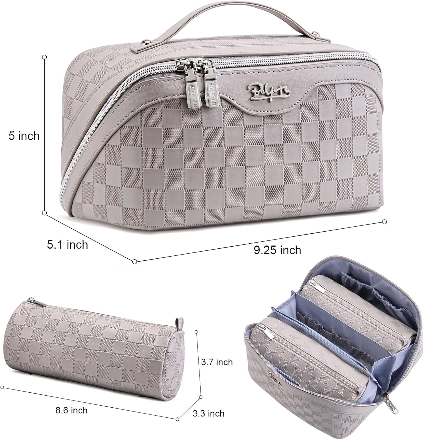 Travel Makeup Bag Organizer Cosmetic Bag: 3 Pcs Set Make up Bags for Women with Handle - Waterproof Vegan Leather Toiletry Bags with Comparments (C-13-Gray)