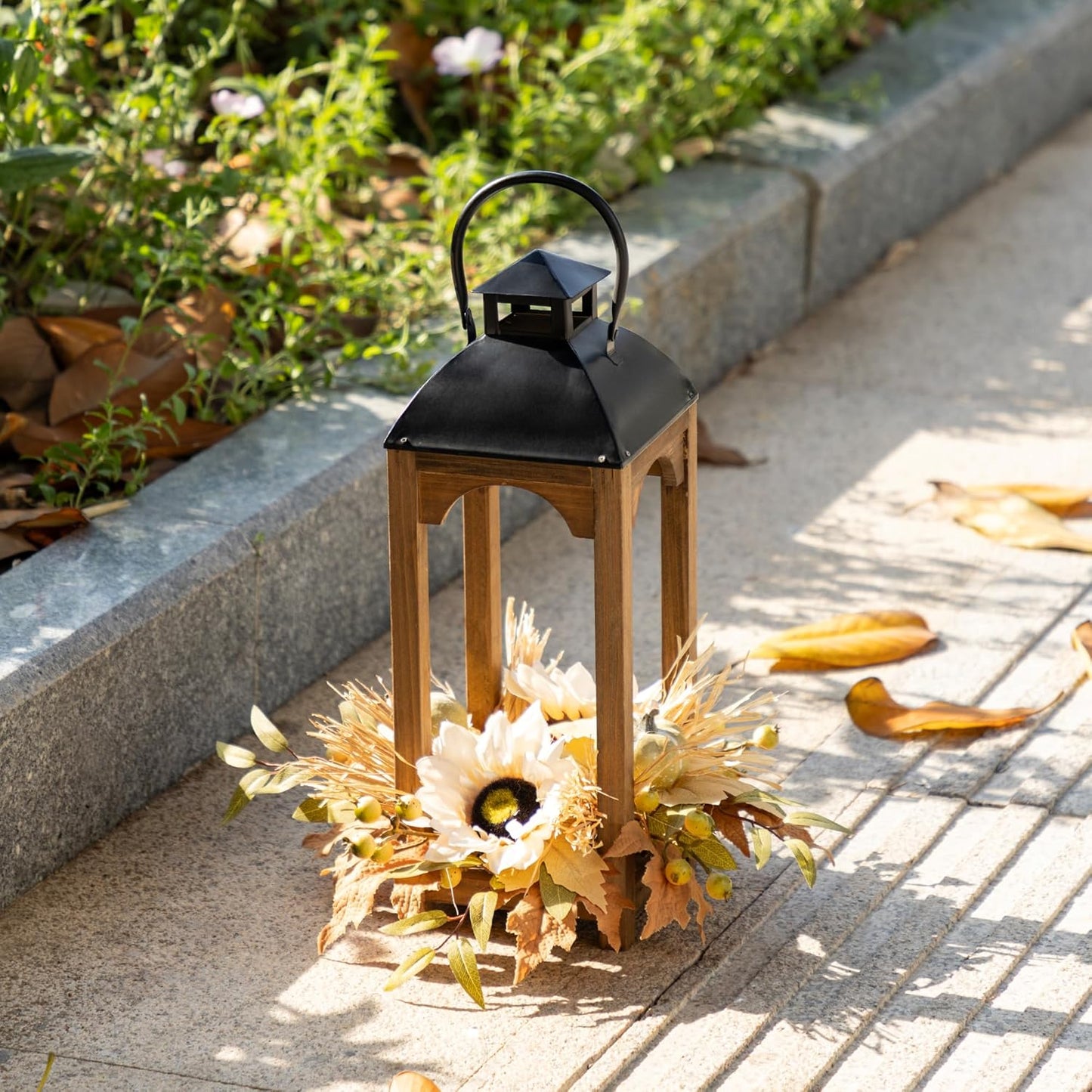 Glitzhome 20" H Wood Lantern Decor for Fall Harvest - Neutral Sunflower, Pumpkin and Leaf Hanging Lantern, Autumn Decor for Porch, Garden, Table Centerpiece Decoration