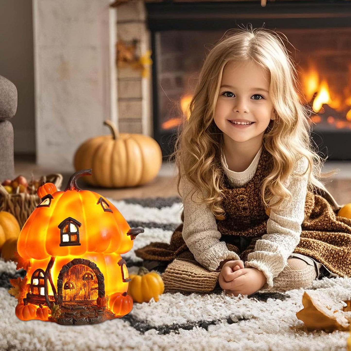 Bdor Fall Pumpkin House Decor with LED Light – 7.5"x6.7"x7.9" Harvest Pumpkin Figurine – Autumn Tabletop Decoration for Thanksgiving, Halloween, Indoor Outdoor Use
