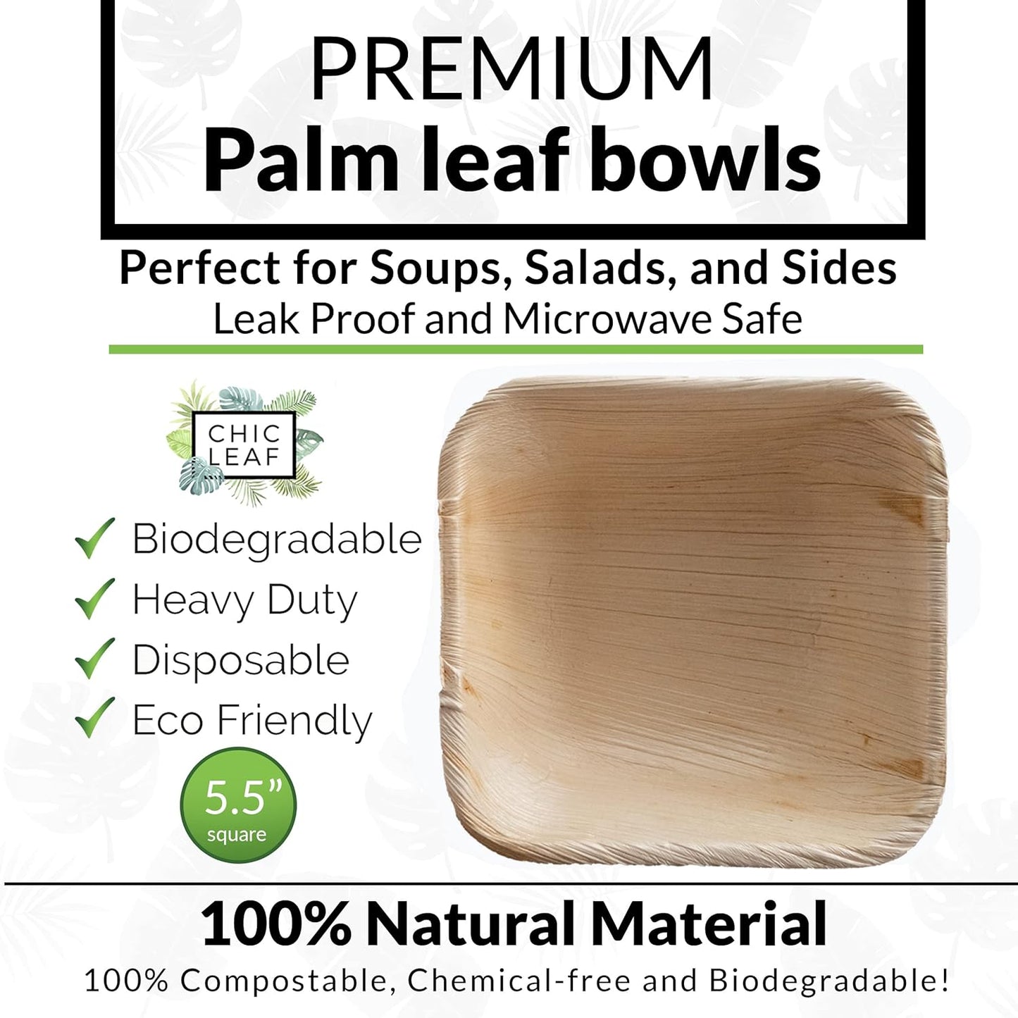 Chic Leaf Palm Leaf Bowls - Mini Disposable Bamboo Bowls for Weddings & Parties - Disposable Plates - Biodegradable & Compostable Party Supplies (5.5'' Square - 25 Pack)