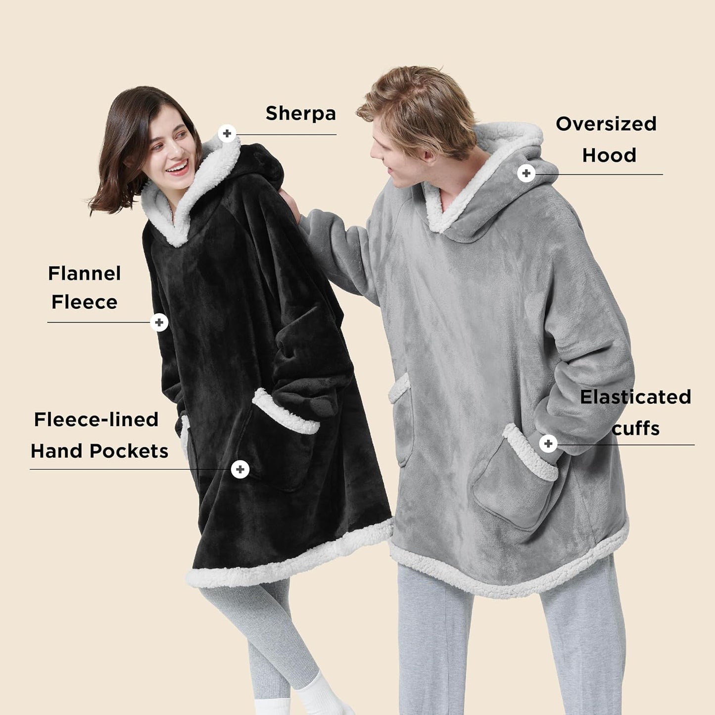 Bedsure Blanket Hoodie, Wearable Blanket for Adults & Kids as Gifts for Women Men, Birthday Gifts for Women Mom Girl Sherpa Oversized Hoodie, Grey, Small