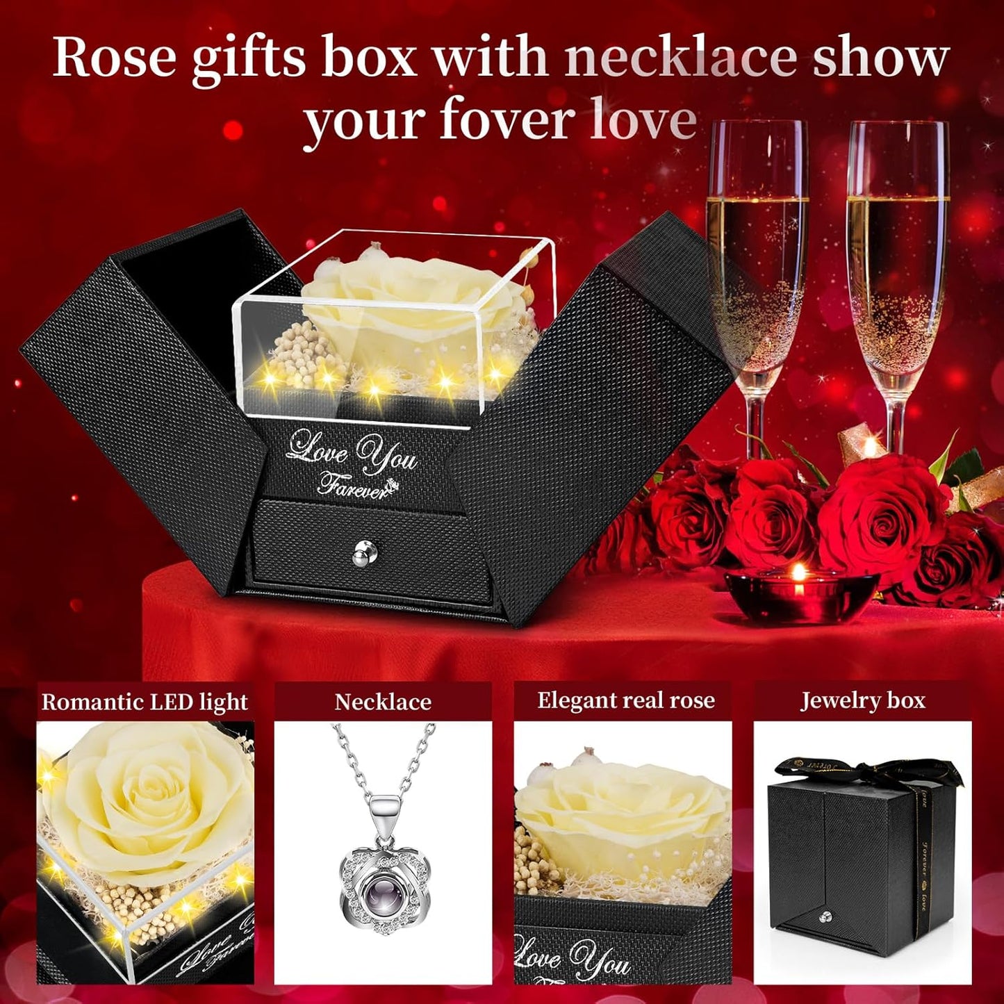 Preserved Lemon Yellow Real Rose with Heart I Love You Necklace -Eternal Flowers Rose Birthday Gifts for Women Her Mom Wife Girlfriend Grandma on Valentines Mothers Day Christmas Anniversary Romantic