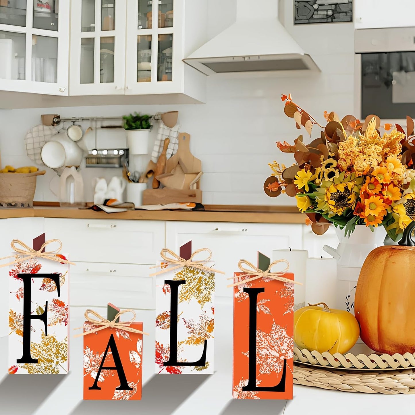 Super Holiday Fall Decor, 4 PCS Autumn Wood Sign Include Fall Lettered Block Tabletop Decorations, for Farmhouse Harvest Thanksgiving Home Office Indoor Party Decor.