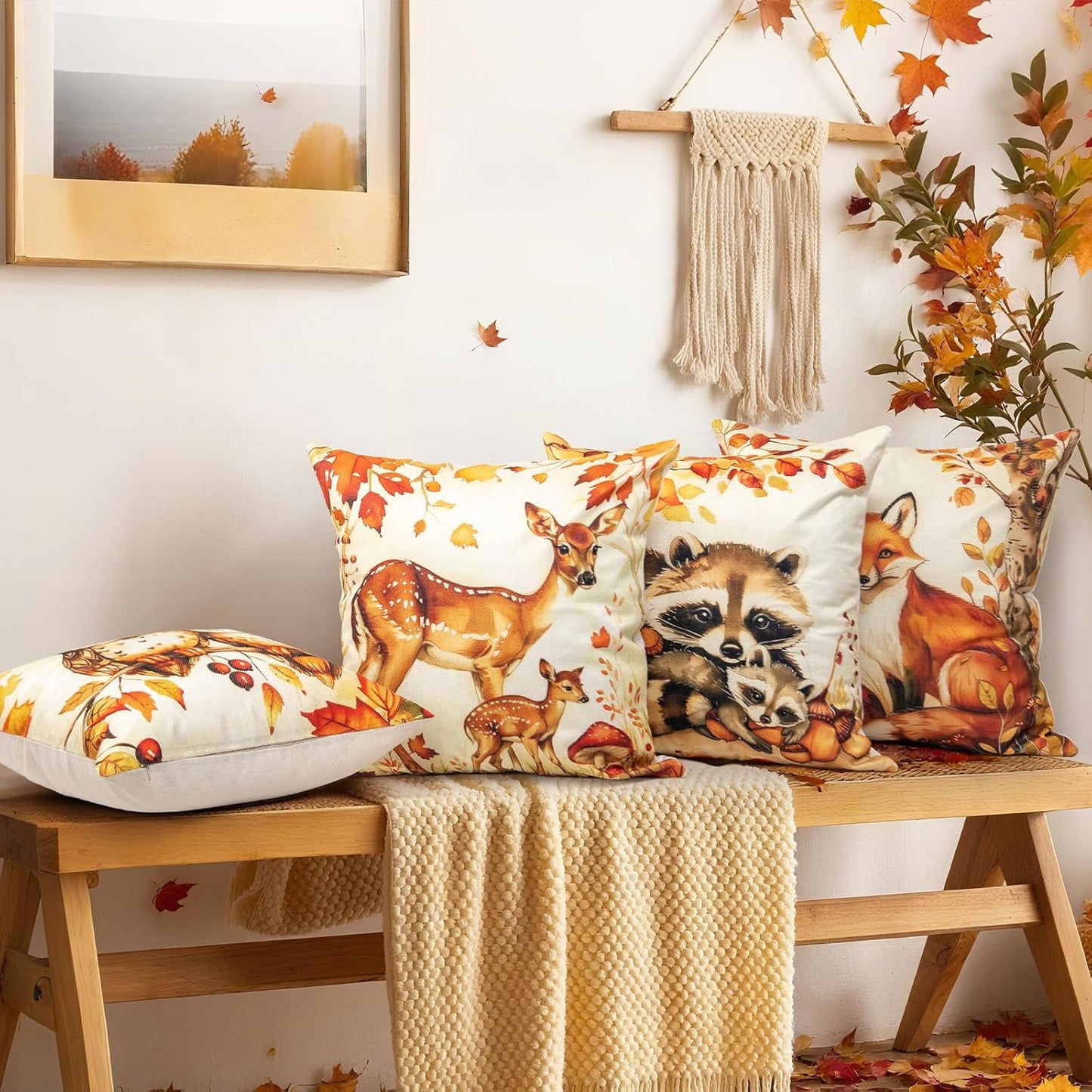 Animal Family Theme Fall Pillow Covers 18x18 Inch Set of 4, Burnt Orange Rust Decorative Autumn Thanksgiving Harvest Home Decor for Sofa Couch Living Room