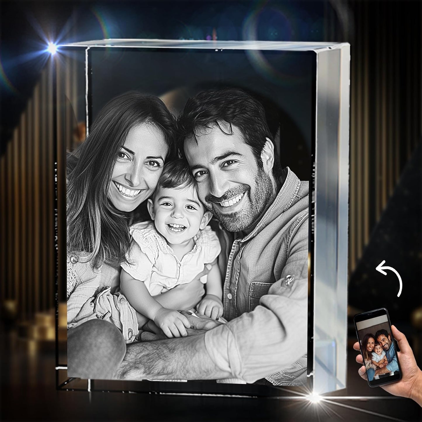 CAPTUR3D 3D Crystal Photo, Personalized Memorial Gifts for Mom, Dad, Wife, Men, Loved One, Rectangle 3D Laser Etched Crystal, Cube Custom Glass Picture, Birthday Anniversary Sympathy Gift