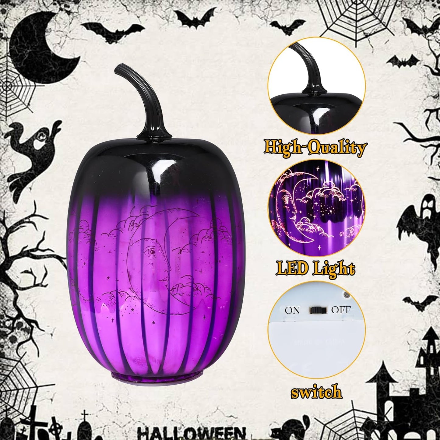 Bdor Halloween Purple Glass Pumpkin Lights Set of 2 – Witchy LED Lighted Pumpkins with Moon & Sun Designs – Spooky Fall Decor for Tabletop, Mantel, or Party Centerpiece