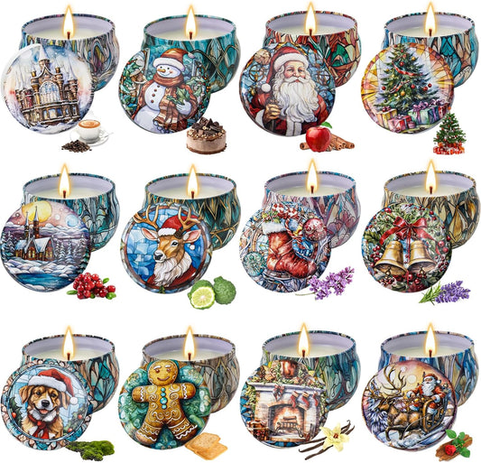 Yinuo Candle Christmas Scented Candles Gift Set – 12 Pack Long Lasting Soy Wax Holiday Candles in Decorative Tin Jars, Winter Home Decor, Relaxing Aromatherapy Gifts for Women & Friends