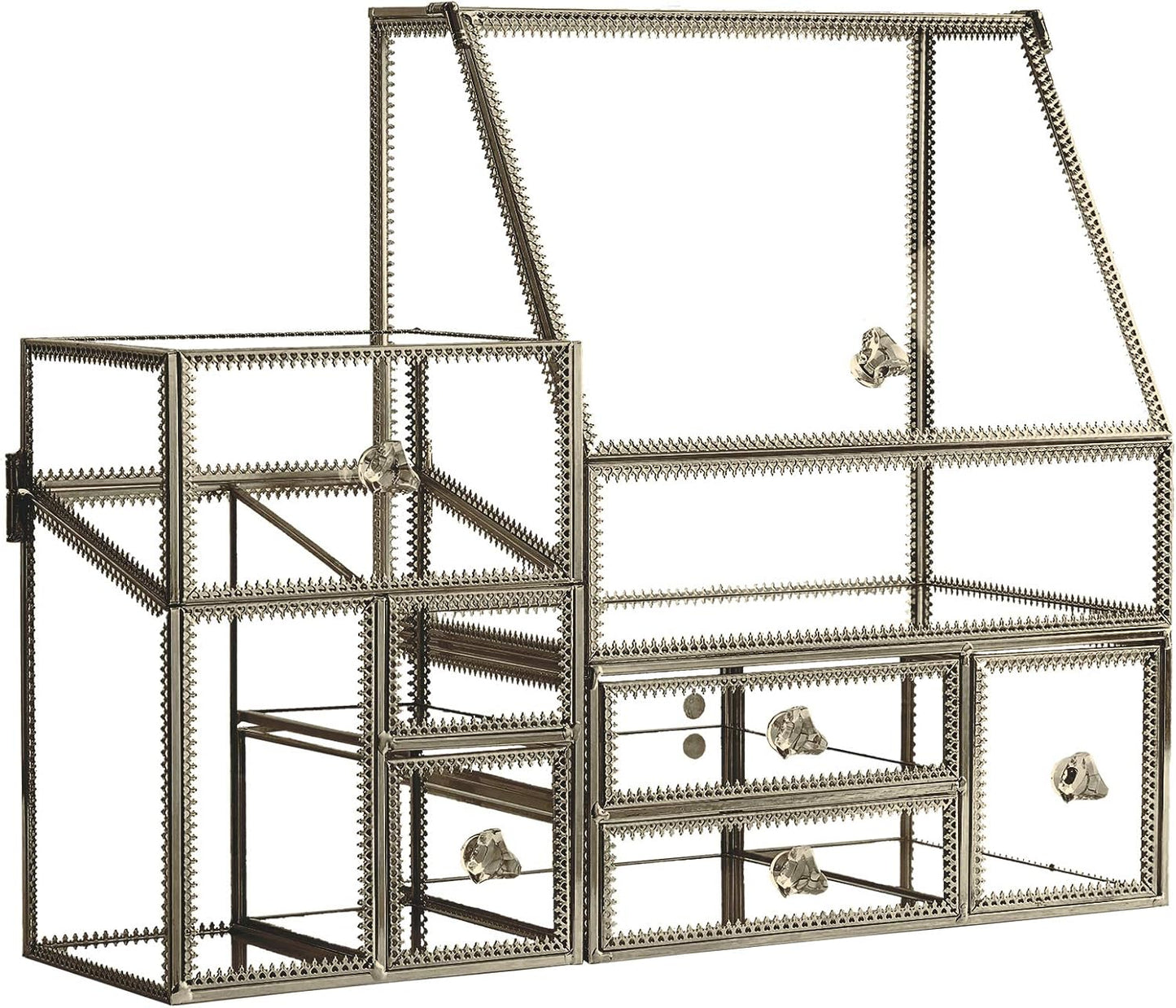 Hersoo Glass Antique Brass Stackable Drawer Set Makeup Organizer for Vanity Antique Countertop Vanity Cosmetic Storage Box Mirror Glass Beauty Display