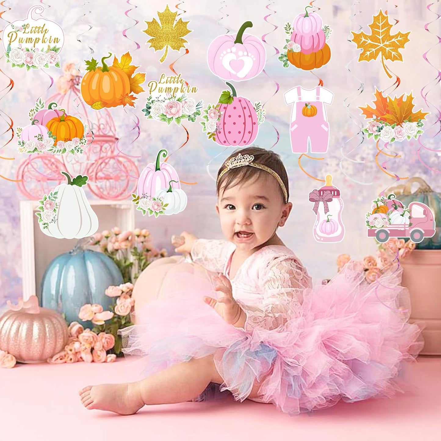 36pcs Thanksgiving Little Pumpkin Party Hanging Swirls Decor,Pink Girl Little Pumpkin Thankgiving Hanging Swirls, Fall Themed Maple Leaf Pumpkin Truck Ceiling Swirl for Birthday Decorations