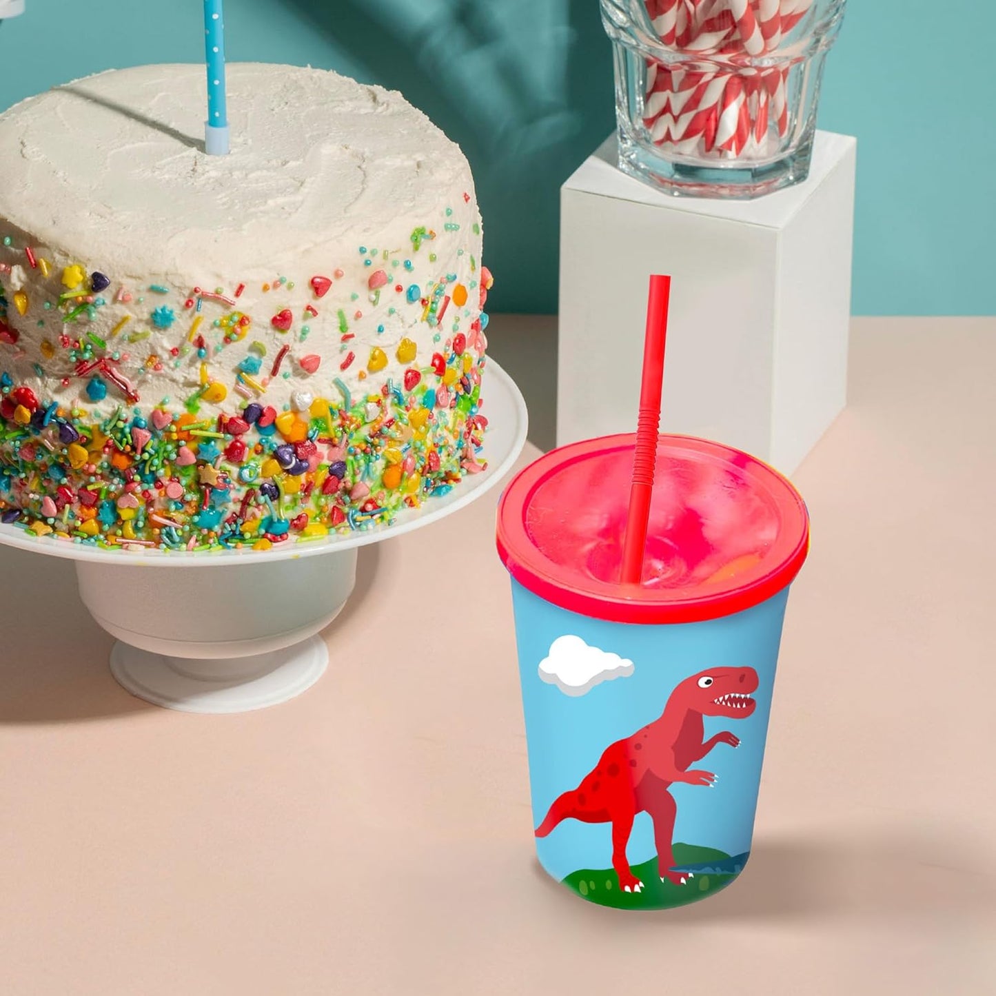 Dinosaur Cups for Kids with Straw and Lid, Set of 12 - Party Dino Cups - Perfect Boy or Girl Dinosaur Birthday Decorations