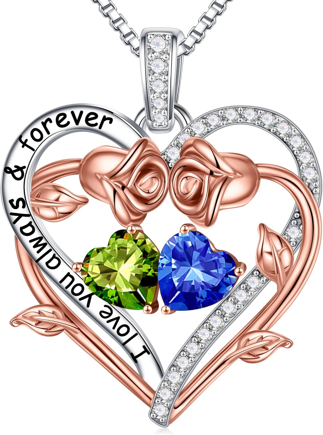 Iefil Rose Heart Double Birthstone Necklace Gifts for Wife Her Mom Women, Birthstone Jewelry Gemstone Birthday Gifts for Girlfriend Grandma Her Wife Women