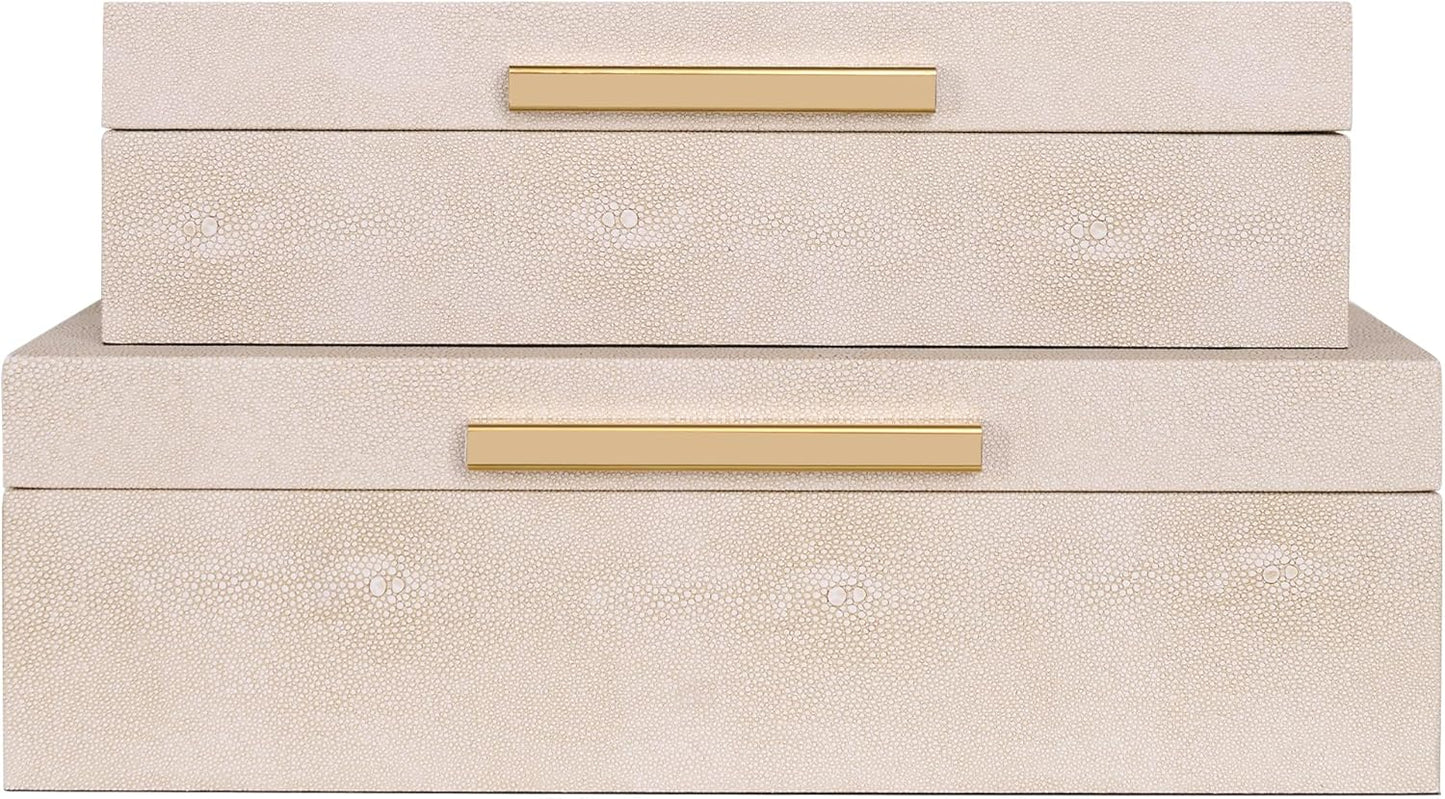 Faux Leather Stackable Nesting Jewelry Box with Lids Organizer – Set of 2 Beige Shagreen Decorative Storage Boxes with Gold Metal Handles