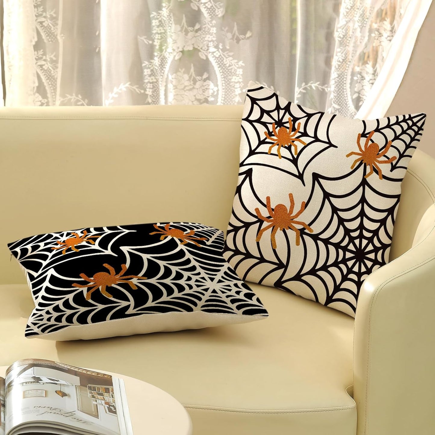 Halloween Pillow Covers 18x18 inch Set of 2 Black and White Spider Web Decorative Decoration Farmhouse Pillow Covers Outdoor Spider Decor Cushion Case for Home Couch Sofa Outdoor