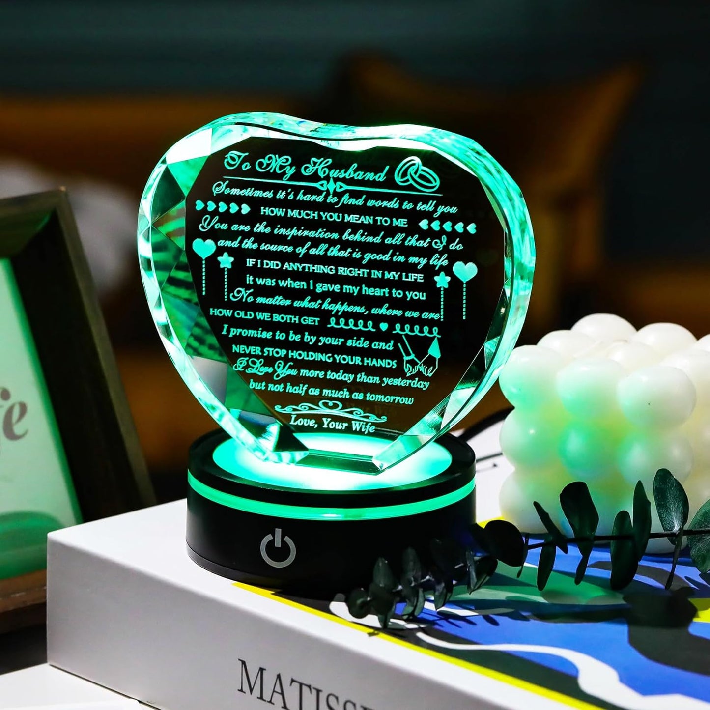 Gifts for Husband with Colorful LED Base Romantic Anniversary Wedding Gifts for Men Crystal Heart to My Husband Birthday Gift from Wife I Love You Gifts for Him on Valentine's Fathers Day Christmas