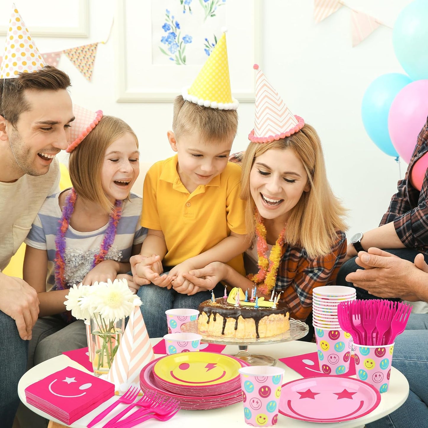 144 Pieces Preppy Smile Party Tableware Sets Including Disposable Plates Napkins Cups Forks Serves 24 for Smile Face Party Birthday Baby Shower Decor Party Supplies