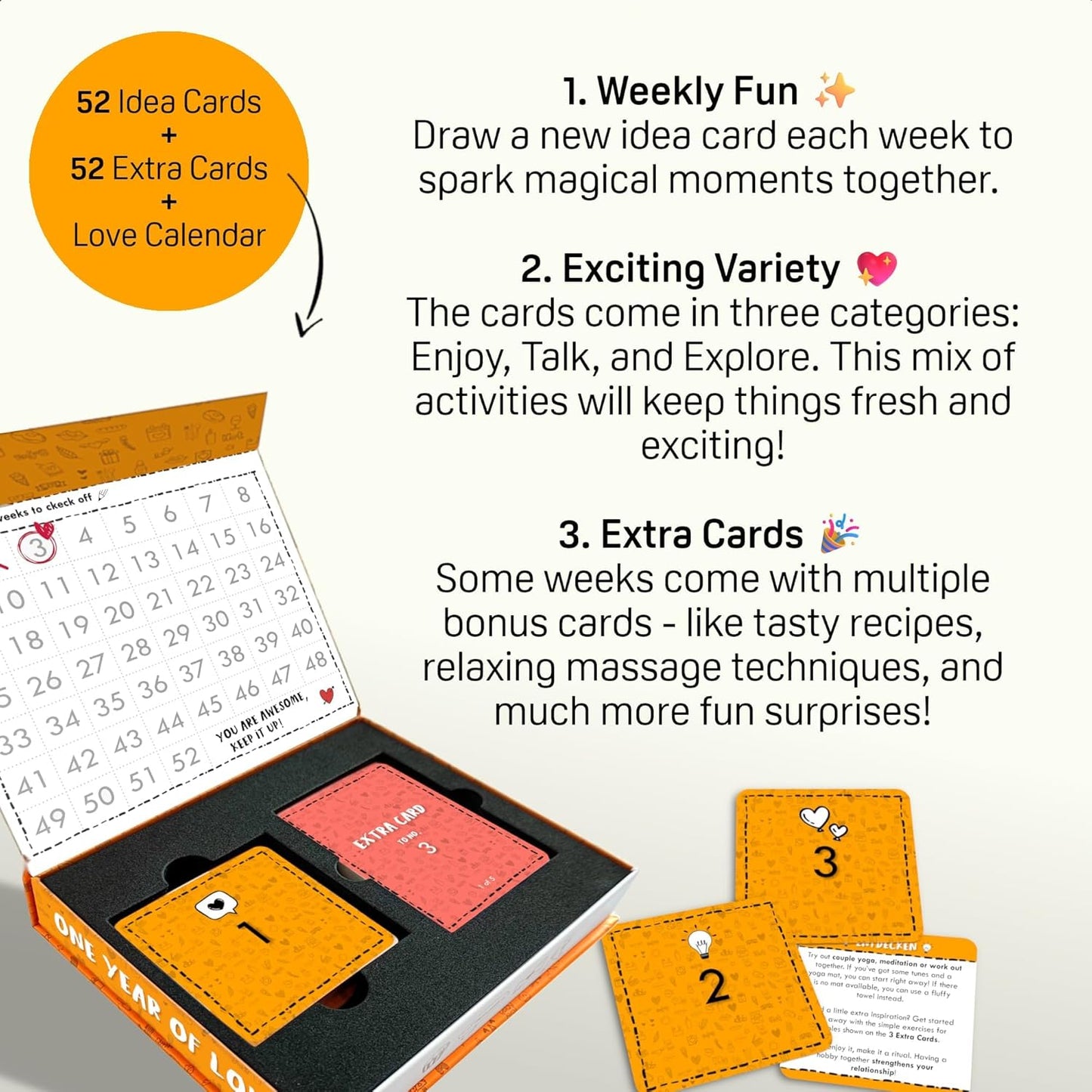 Weekly Date Night Ideas for Couples β Fun & Romantic Gift for Wedding Anniversaries, Valentineβs Day & More β For Husband, Wife, Brides & Bachelorettes β Includes 52 Unique Ideas + 52 Bonus Cards