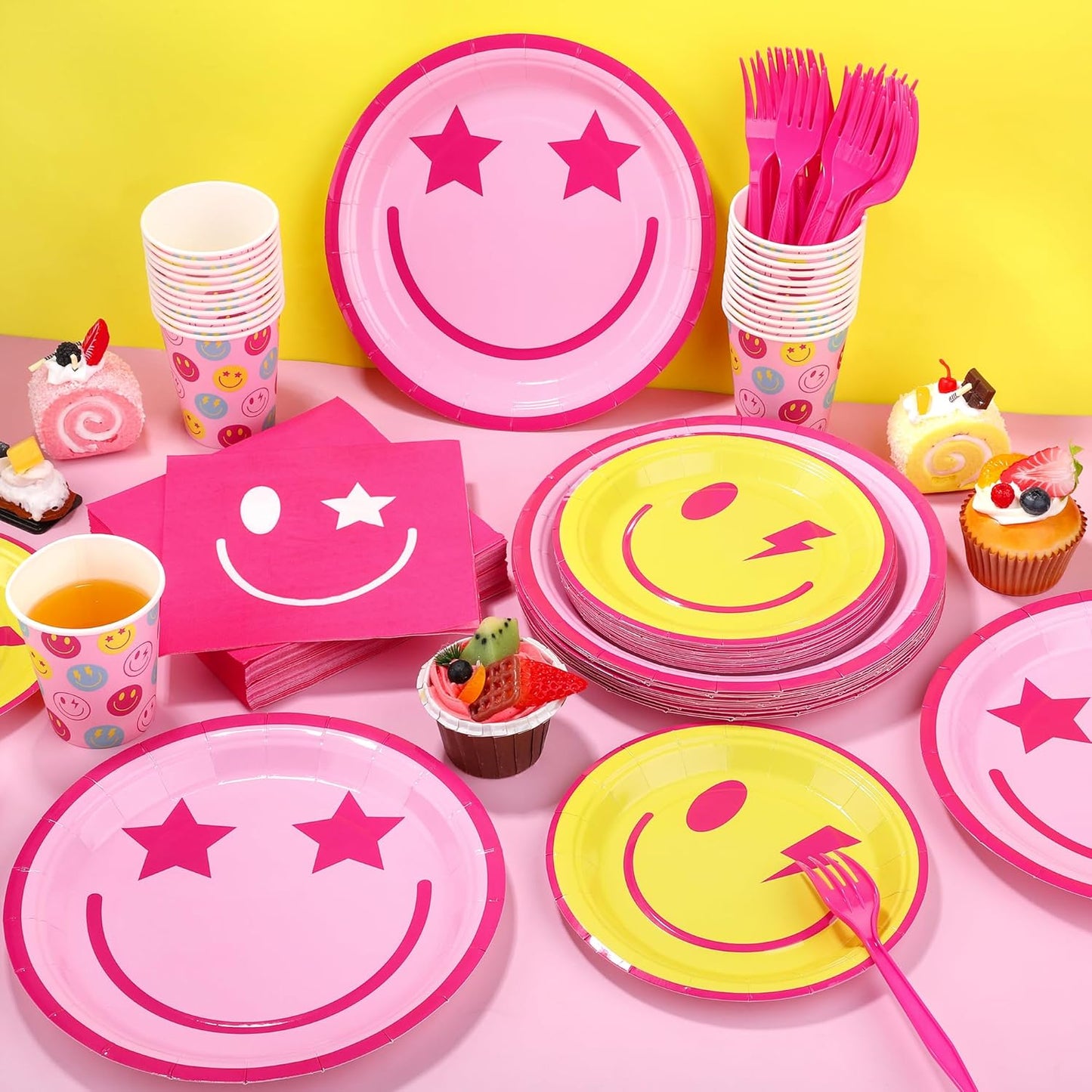 144 Pieces Preppy Smile Party Tableware Sets Including Disposable Plates Napkins Cups Forks Serves 24 for Smile Face Party Birthday Baby Shower Decor Party Supplies