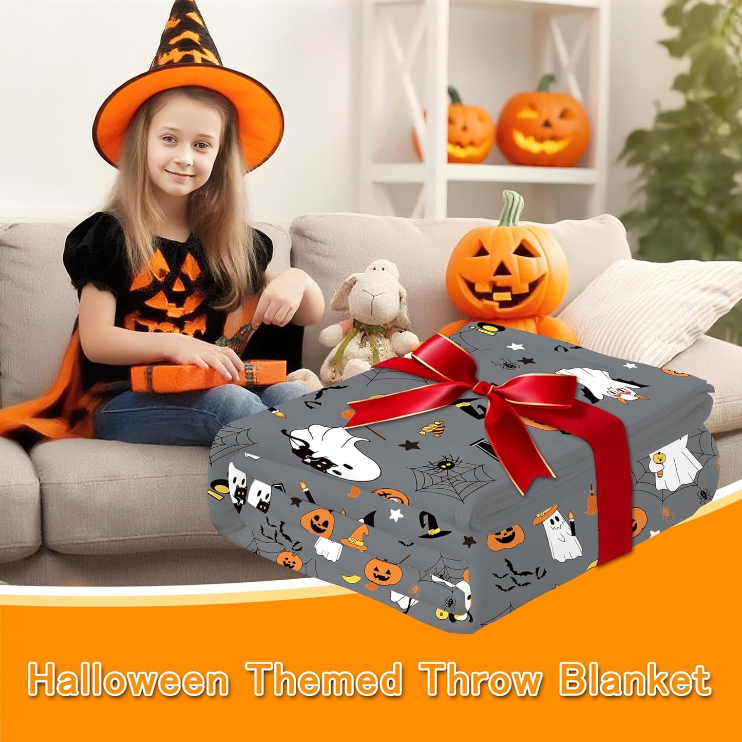 Halloween Throw Blanket 52”x 60” with Cute Ghost Pumpkin Spider Birthday Gifts for Kids,Grey Flannel Bat Blanket Soft Warm Cozy Throw for Daughter Son Harvest Gifts and Home Decor