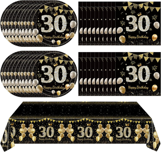 41Pcs 30th Birthday Decorations for Men Women, Black Gold 30 Year Old Birthday Party Supplies Include 20 Plates 20 Napkins and 1 Tablecloth, Black Gold 30 Aged Birth Party Tableware