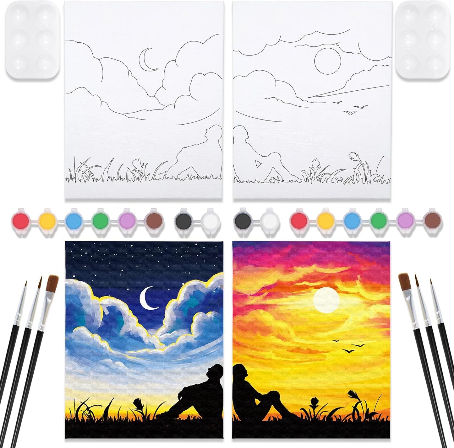 Nuberlic 2 Pack 8x10 Pre Drawn Canvas for Painting for Adults Sip and Paint Kit for Adult's Couple's Date Night Party Supplies Favors Valentine's Day Gift Sunset and Starry Night