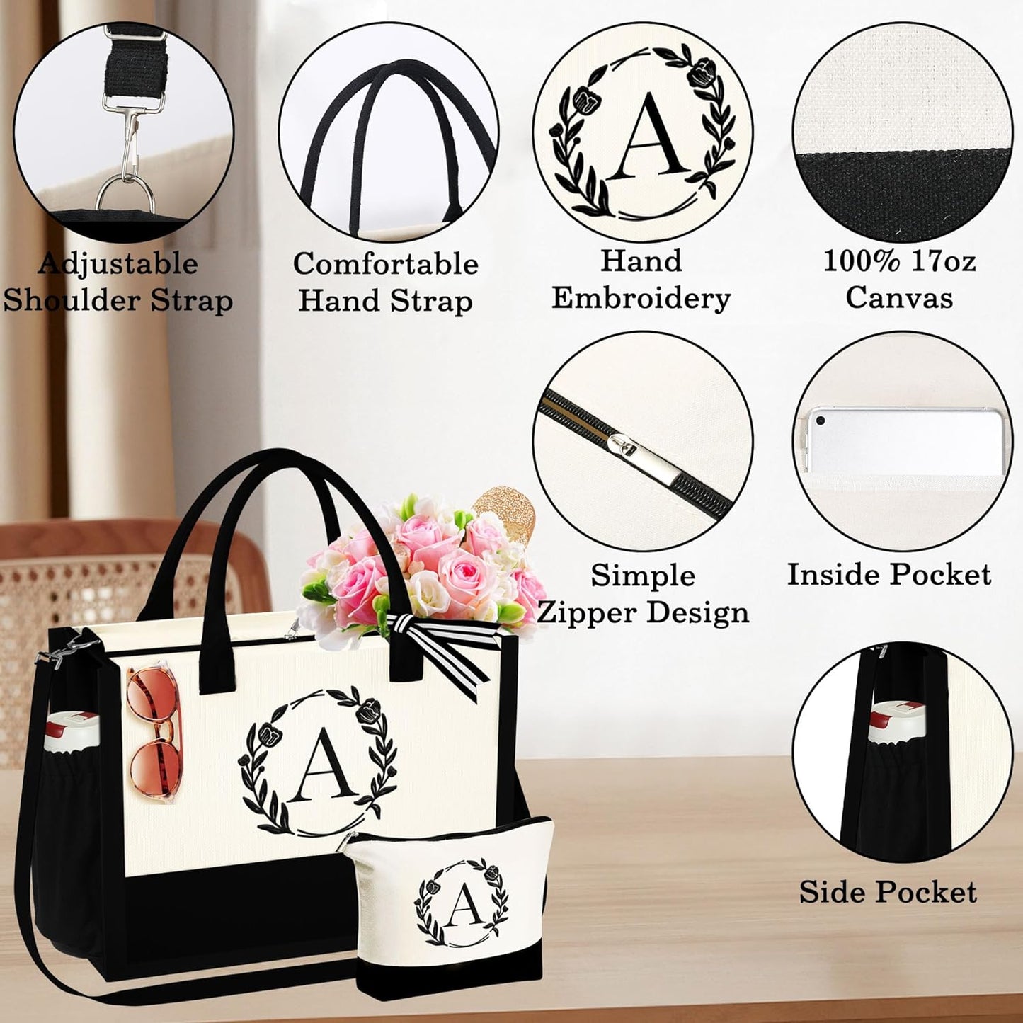 YOOLIFE Gifts for Women - Initial Canvas Tote Bag Makeup Bag, Personalized Gifts for Women Mom Wife Teacher Friend Birthday