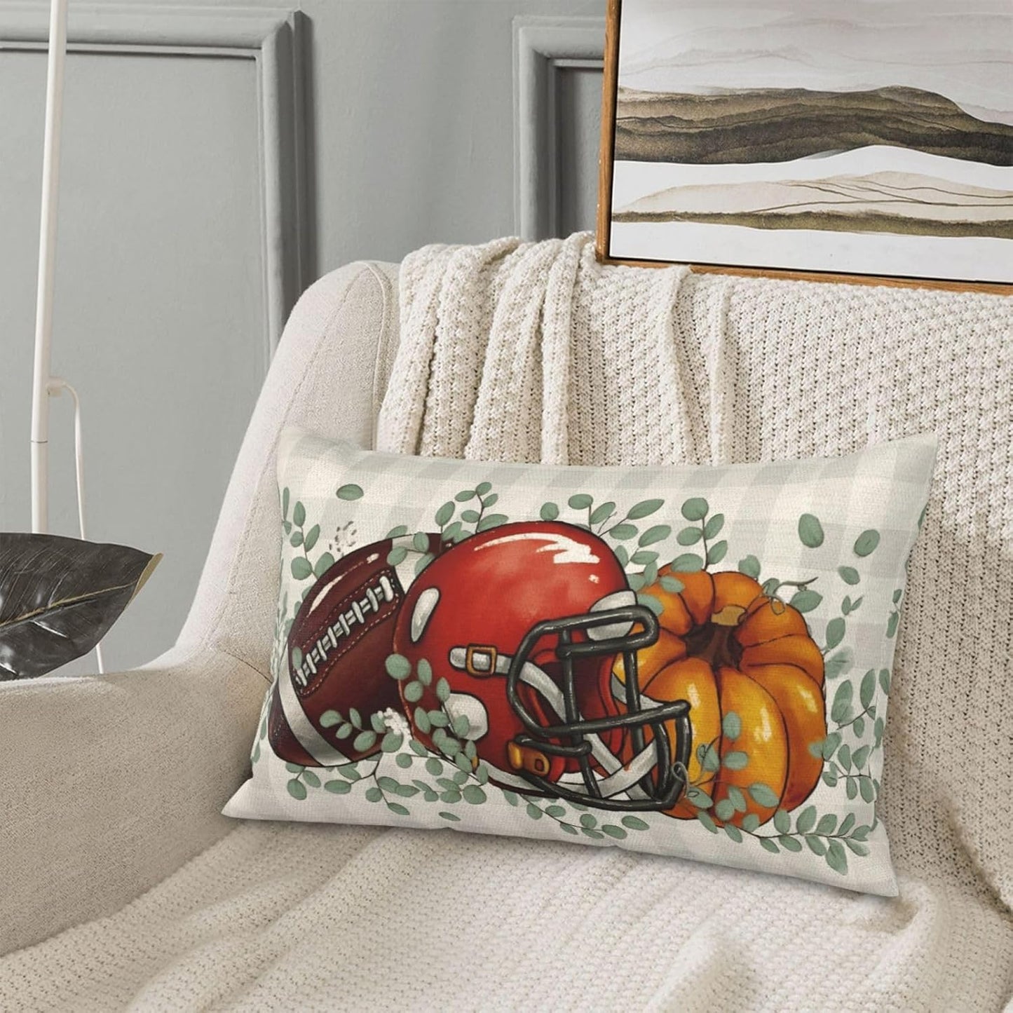 Fall Pillow Covers 12x20 Inch Pack of Plaid Orange Pumpkin Football Leaf Throw Pillow Covers Outdoor Decor Halloween Decoration Farmhouse Linen Decorative Lumbar Cushion Cover for Couch Sofa