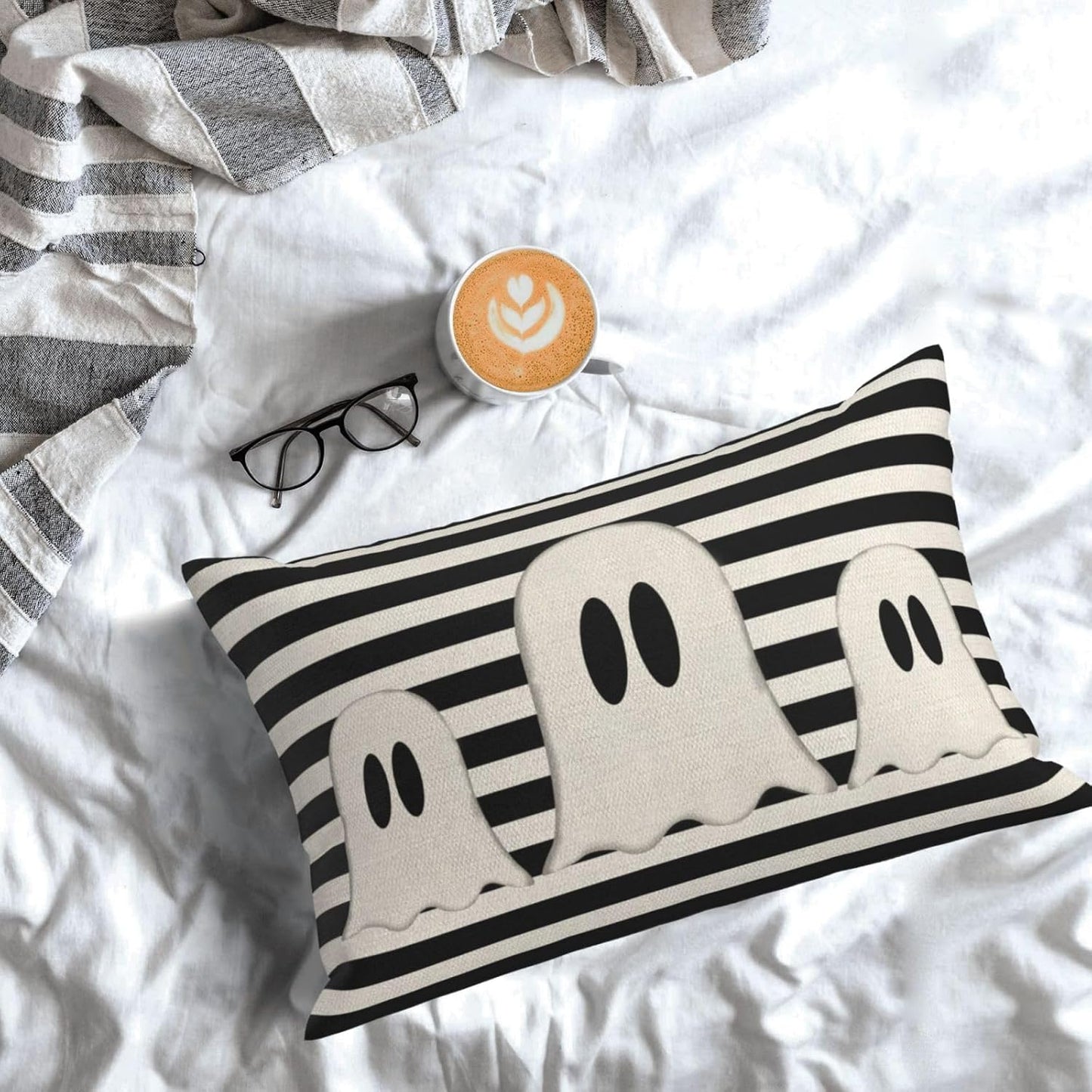 Halloween Pillow Covers 12x20 Set of 2 Black Stripe Cute Ghost Throw Pillcase Decorative Cushion Case for Couch Sofa Outdoor Decor