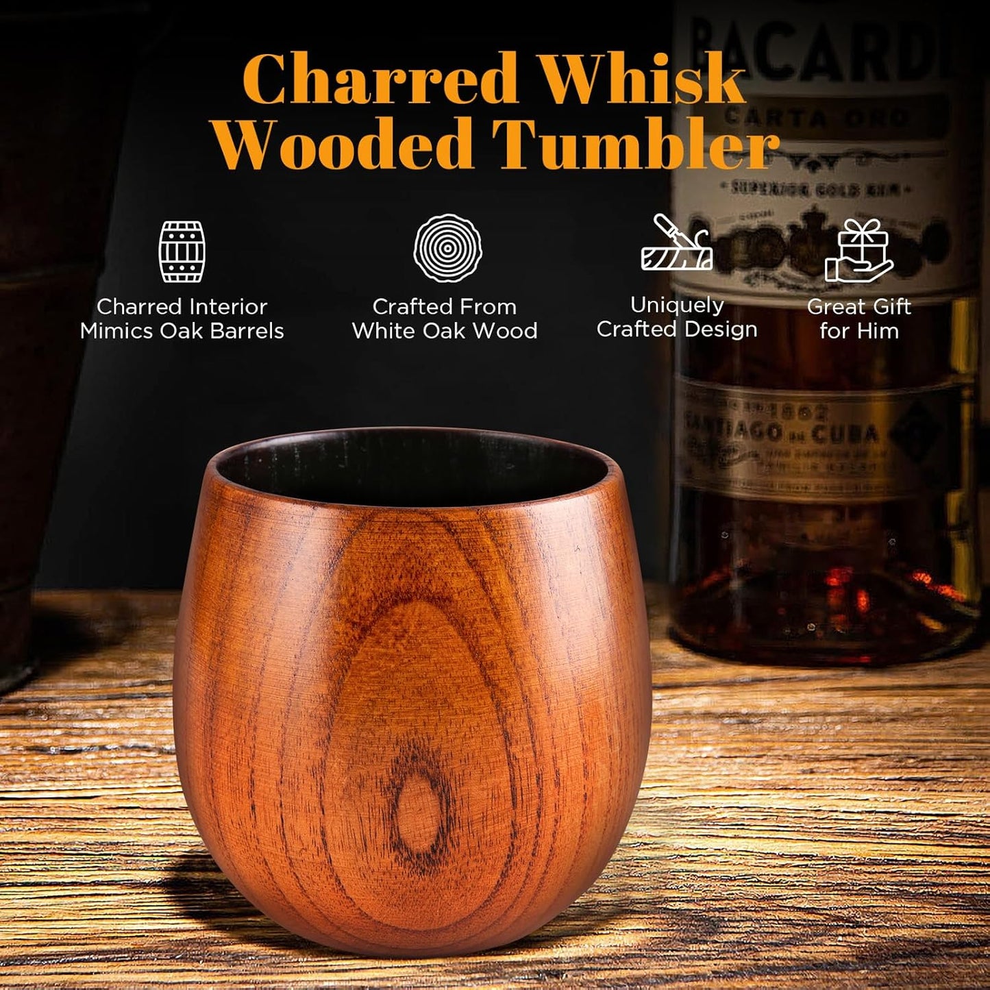 Charred Wooden Bourbon Drinking Glass, Smoky Wood Whiskey Glasses, Bourbon Gifts for Men, Anniversary Birthday Gifts(1 Pack)