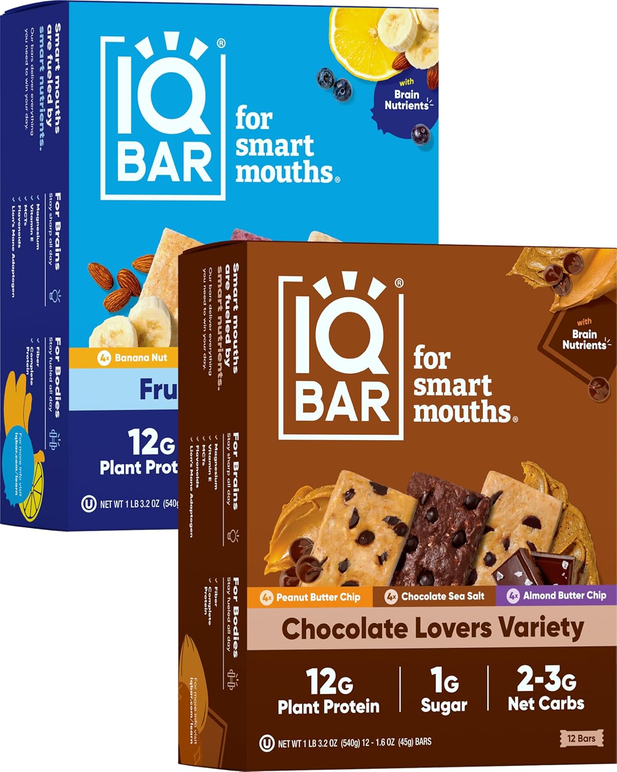 IQBAR Brain and Body Plant Protein Bars - Chocolate & Fruit Variety - 24-Count Low Carb - Gluten Free, High Fiber, Vegan Snacks - Low Sugar Meal Replacement