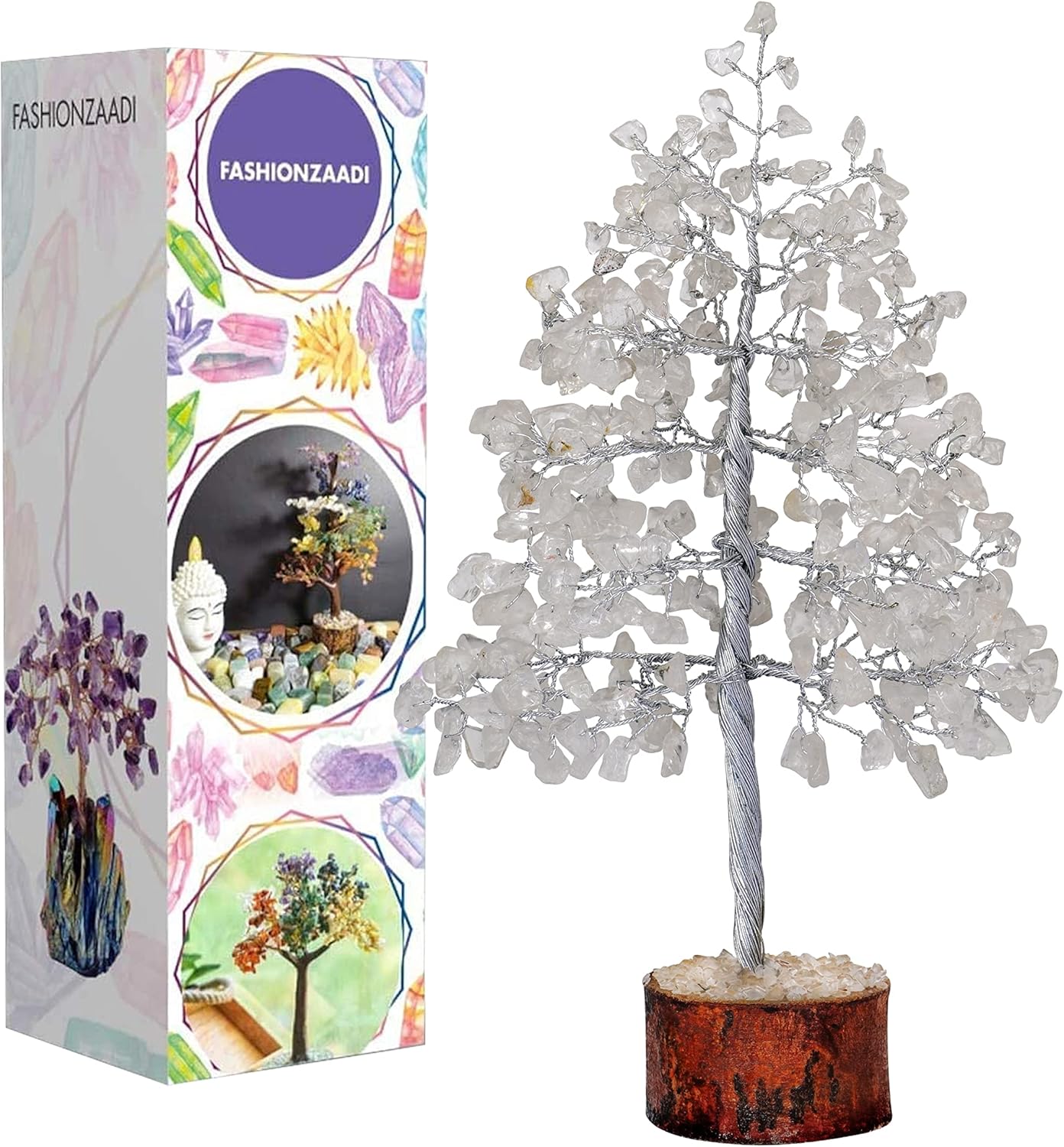 FASHIONZAADI Gemstone Money Tree Reiki Healing Chakra Balancing Handmade Bonsai Trees Spiritual Gift Aura Cleansing Good Luck Home Decor (Clear Quartz Silver Wire)