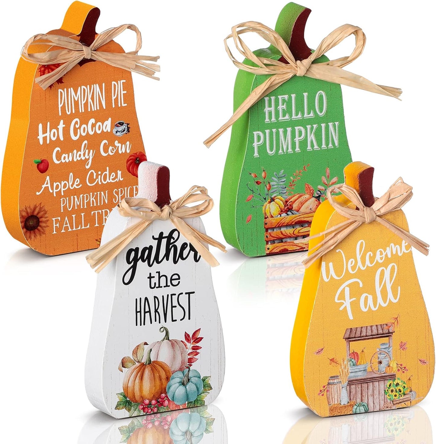 Jetec 4 Pcs Fall Decorations for Home Clearance Thanksgiving Tiered Tray Decor Fall Tabletop Decor Pumpkin Table Centerpiece Welcome Rustic Wood Hot Cocoa Block Sign for Autumn Table Mantel Decoration