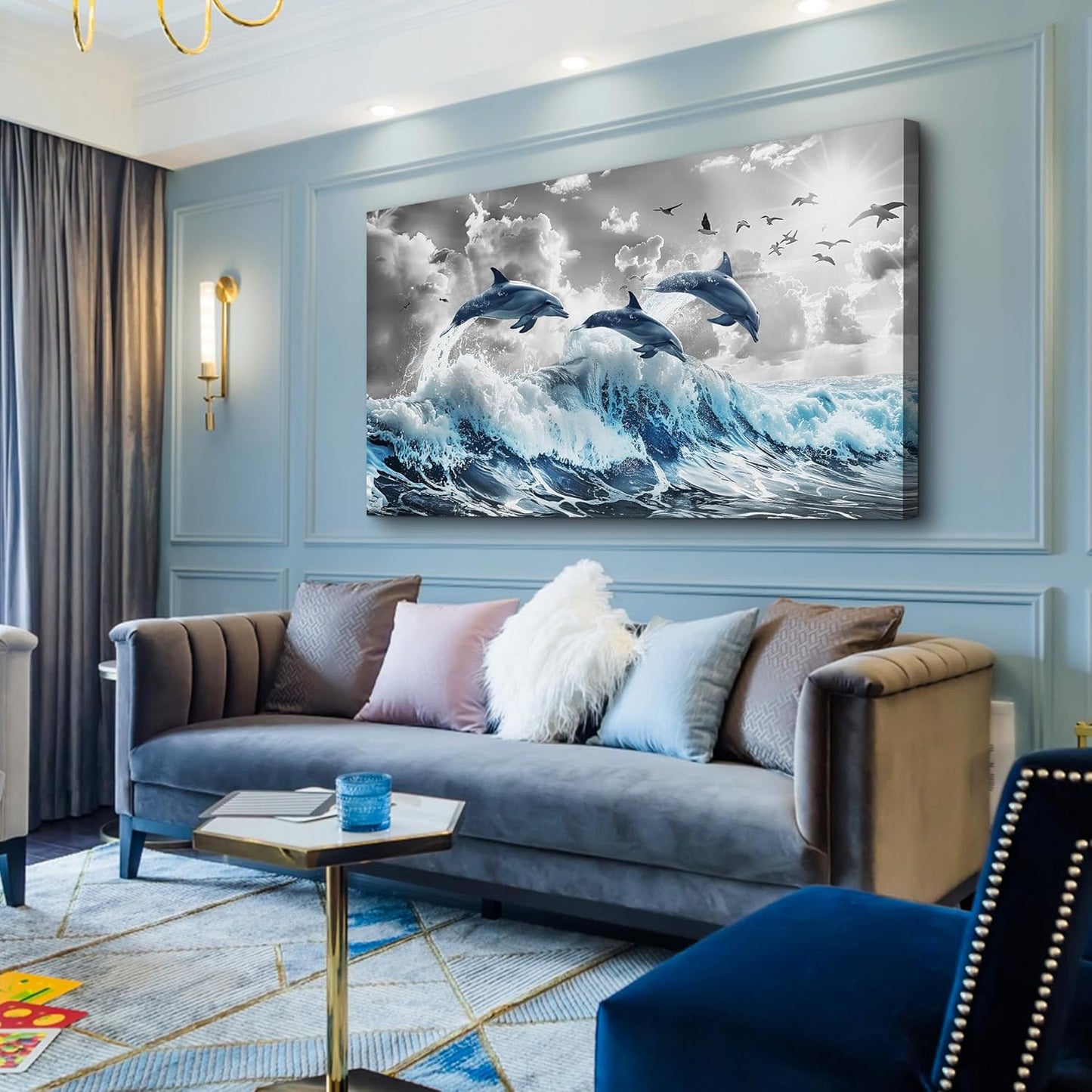 Wapluam Large Wall Art For Bedroom Blue Waves Of The Sea Wall Pictures Artwork Framed Canvas Wall Decoration For Living Room Fashion Office Canvas Art Prints Dolphins Seascape Paintings Home Decor