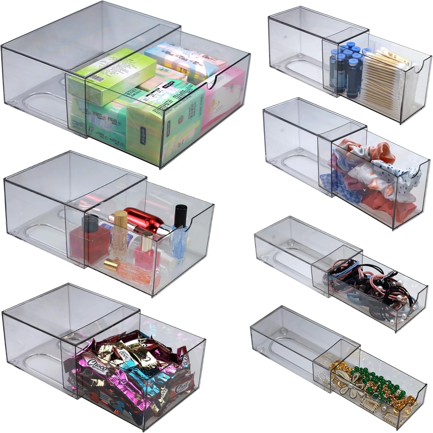 7 Pack Acrylic Makeup Organizer Clear Stackable Storage Drawers Tall Acrylic Bathroom Makeup Organizer for Cosmetic,Beauty Supplies,Ideal for Vanity, Undersink,Cabinet,Desk Home Organization