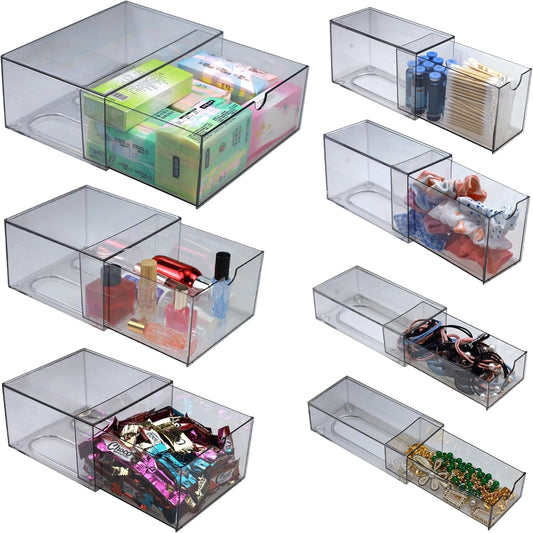7 Pack Acrylic Makeup Organizer Clear Stackable Storage Drawers Tall Acrylic Bathroom Makeup Organizer for Cosmetic,Beauty Supplies,Ideal for Vanity, Undersink,Cabinet,Desk Home Organization