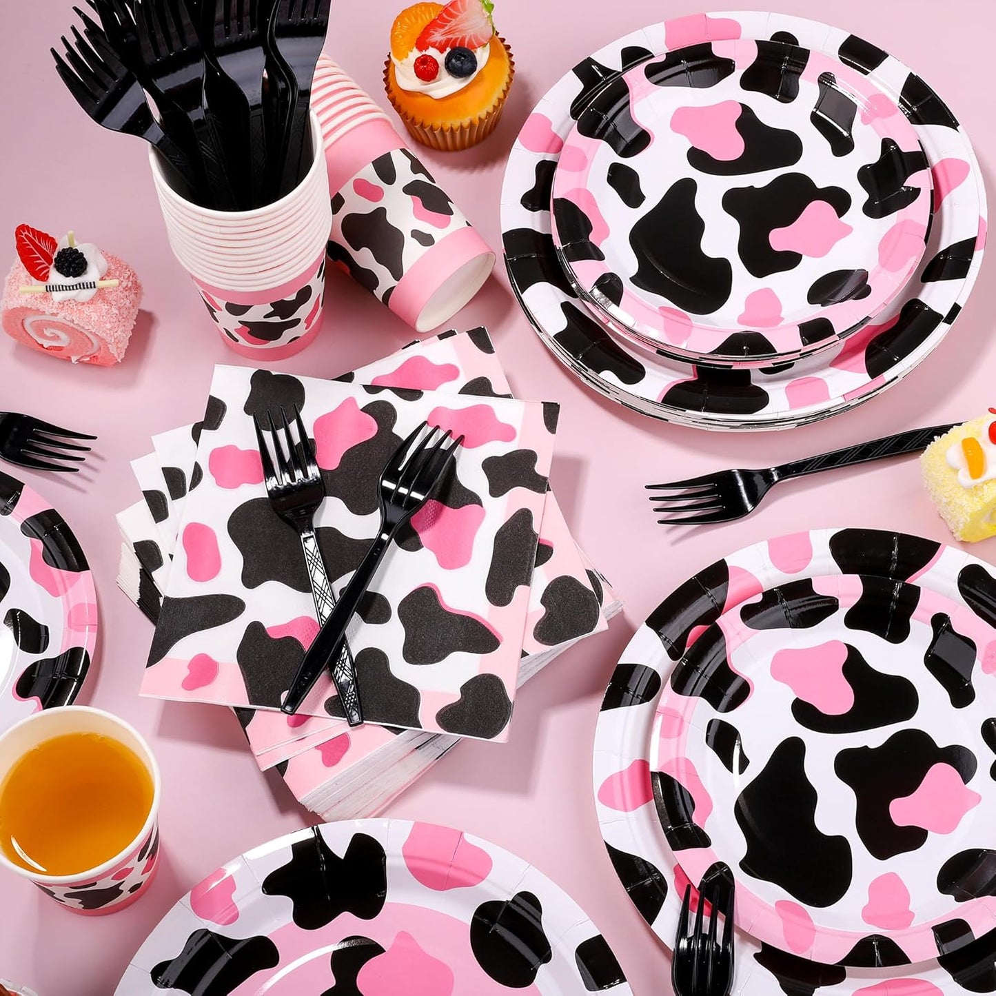 144 Pieces Pink Cow Print Party Tableware Sets Including Disposable Plates Napkins Cups Forks Serves 24 for Cow Theme Farm Animal Party Supplies