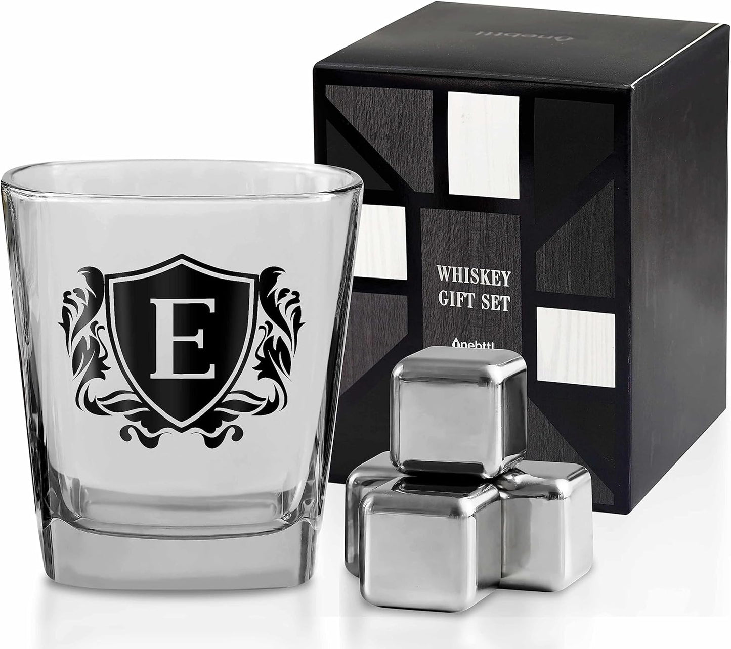 Whisky Gifts for Men, Personalized Initial Whiskey Glass with Whiskey Stones for Dad, Boyfriend, Best Friends, Coworkers, Husband, Brother, Uncle and Boss on Father's Day, Boss Day and Birthday - E