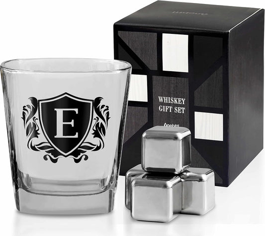 Whisky Gifts for Men, Personalized Initial Whiskey Glass with Whiskey Stones for Dad, Boyfriend, Best Friends, Coworkers, Husband, Brother, Uncle and Boss on Father's Day, Boss Day and Birthday - E