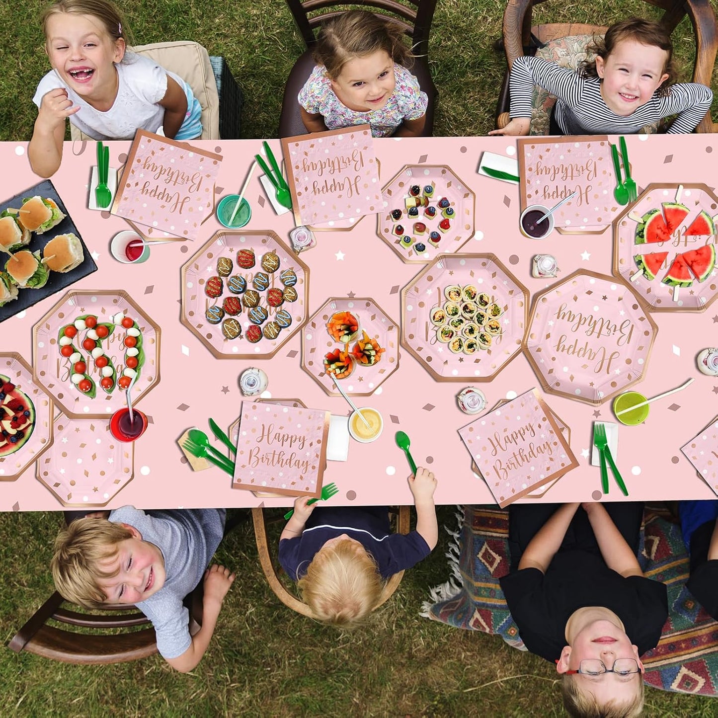 Rose Gold Birthday Party Supplies - Disposable Paper Plates, Napkins, Cups, Tablecloth & Banner for Girl/Women Celebration, Serves 25 - Decorate with Our Rose Gold Plates and Napkins Set