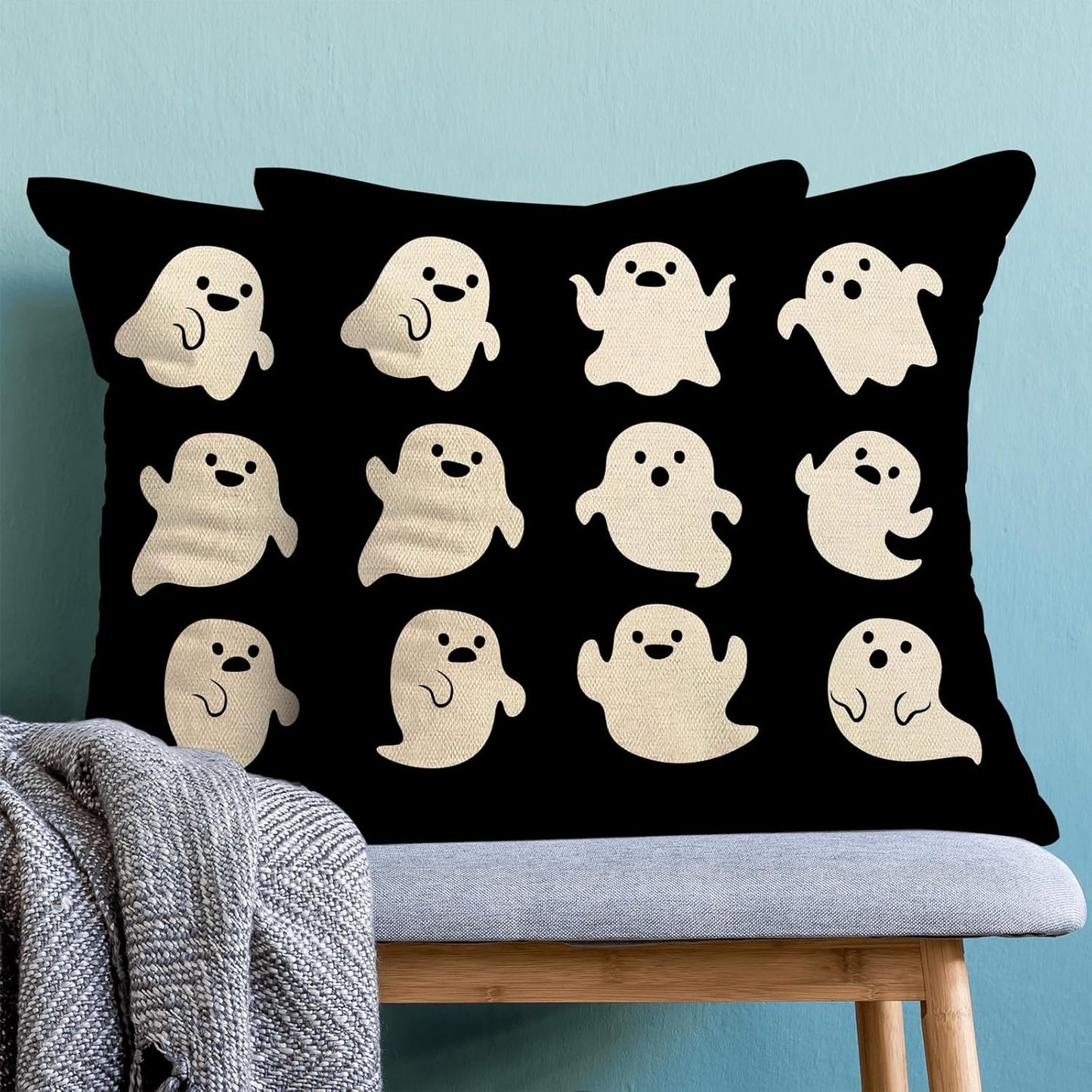 Halloween Pillow Covers 18x18 Pack of 2 Cute Black Beige Ghost Throw Pillow Covers Outdoor Decor,Autumn Holiday Decoration Ghost Pillowcase Linen Decorative Cushion Case for Home Sofa Couch