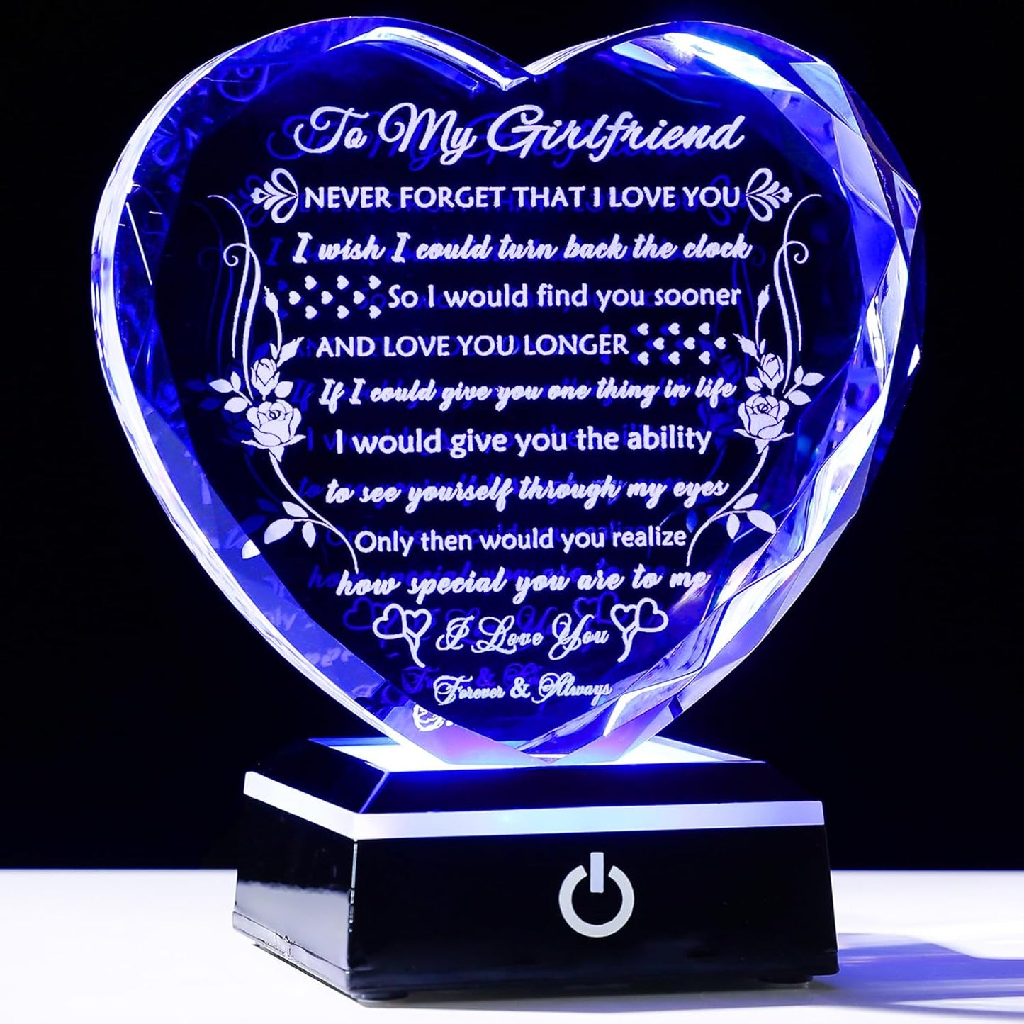 YWHL Gifts for Girlfriend with Colorful LED Base, Anniversary Birthday Gifts for Girlfriend from Boyfriend, Romantic Crystal Heart Keepsake Present for Her on Valentine Christmas