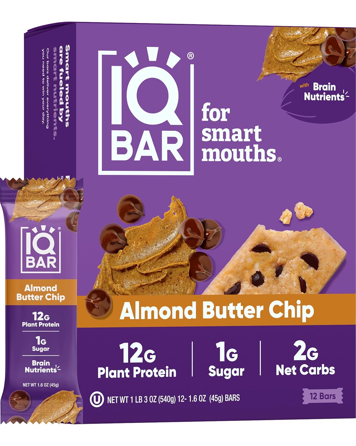 IQBAR Brain and Body Plant Protein Bars - Almond Butter Chip - 12-Count Low Carb - Gluten Free, High Fiber, Vegan Snacks - Low Sugar Meal Replacement