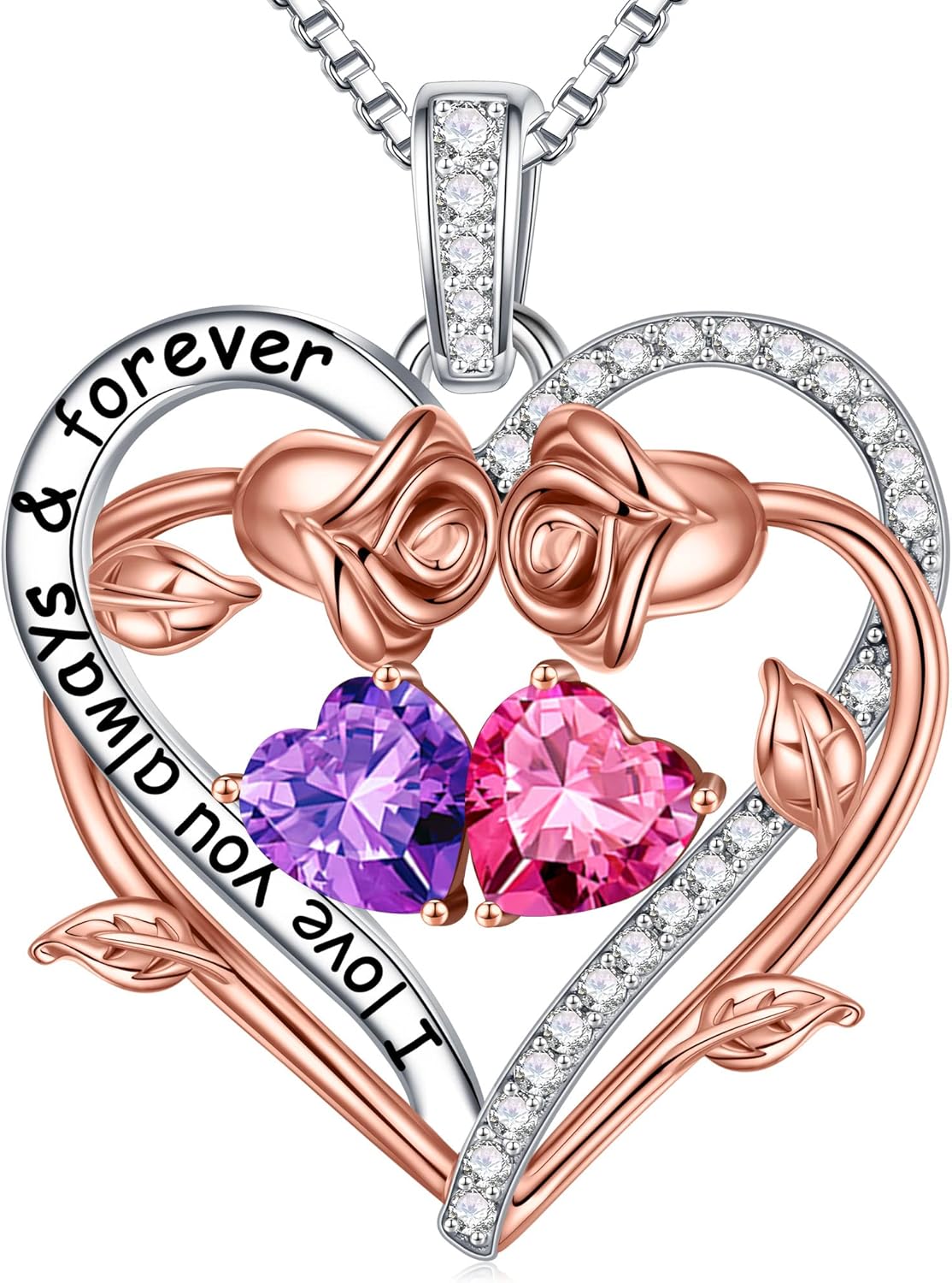 Iefil Rose Heart Double Birthstone Necklace Gifts for Wife Her Mom Women, Birthstone Jewelry Gemstone Birthday Gifts for Girlfriend Grandma Her Wife Women