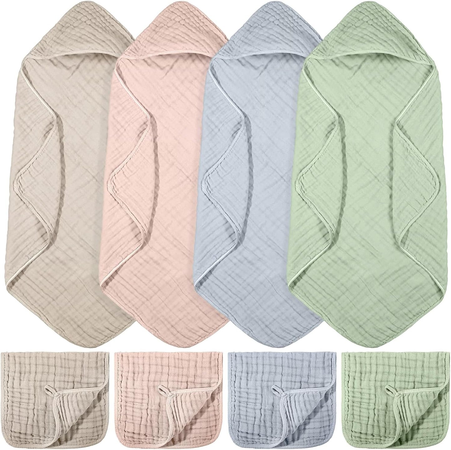8 Pcs Baby Muslin Hooded Bath Towels and Washcloths, 32 x 32 Inch Muslin Cotton Hooded Baby Towels Absorbent Blankets for Gift Newborn Infant Shower (Cream Color)