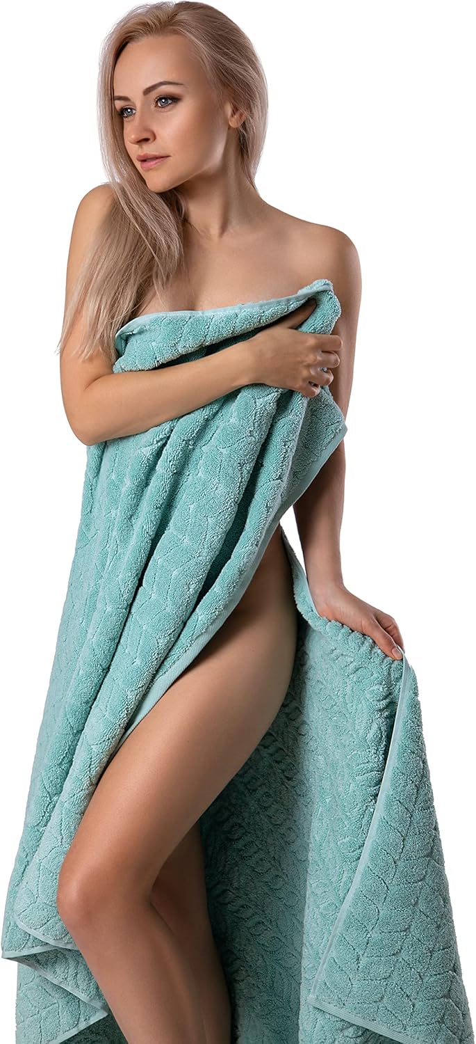 BAGNO MILANO Turkish Bath Towels, Soft Plush Jacquard Luxury Bath Towels, Quick Dry Towel Set (Aqua Green, Bath Sheet)