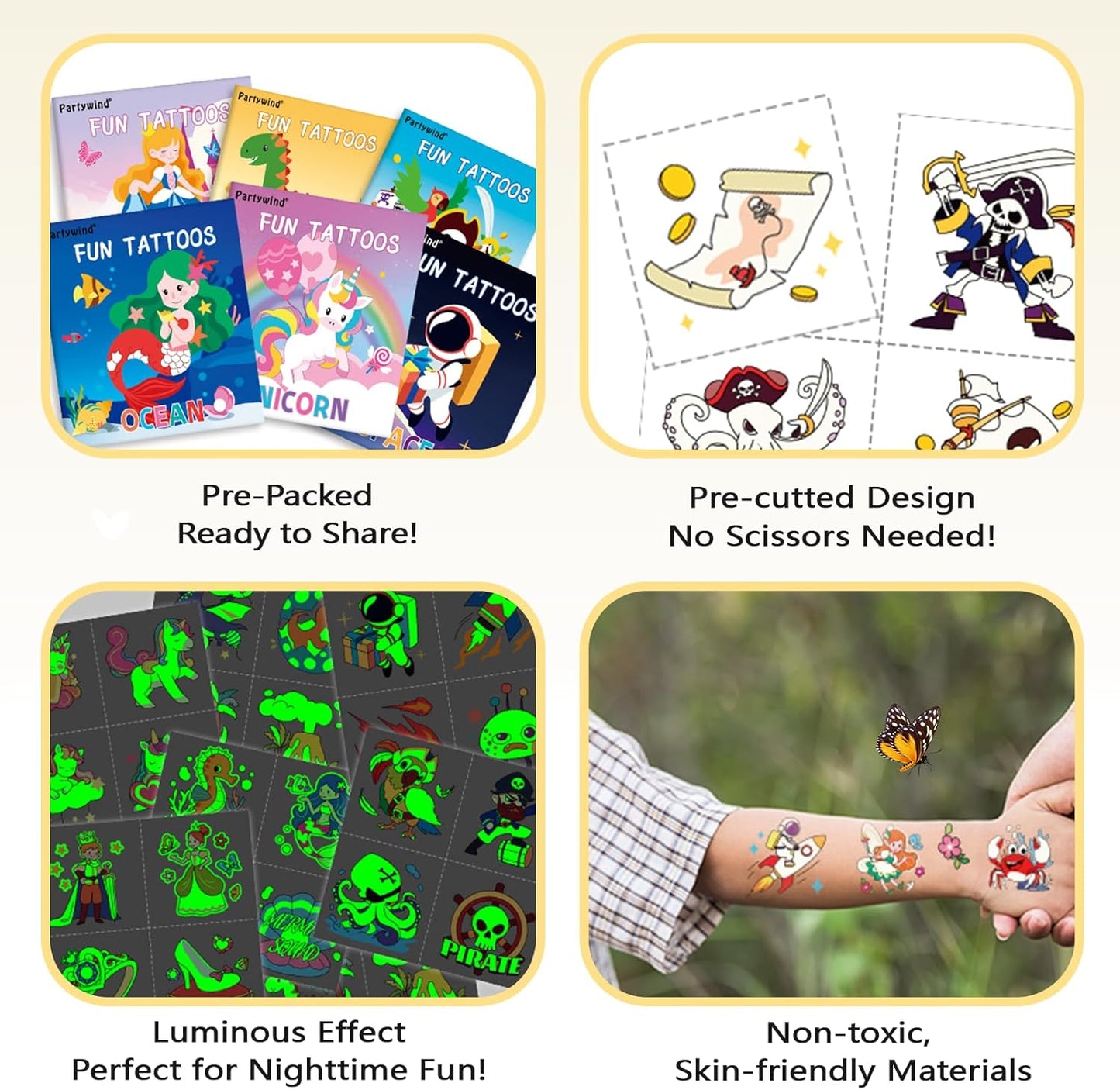288 PCS Glow Temporary Tattoos for Kids, 12 Pack Party Favors with Luminous Tattoos & 24 Maze Games, Mixed Tattoo Styles for Boys and Girls, Kids Birthday Goodie Bag Stuffers